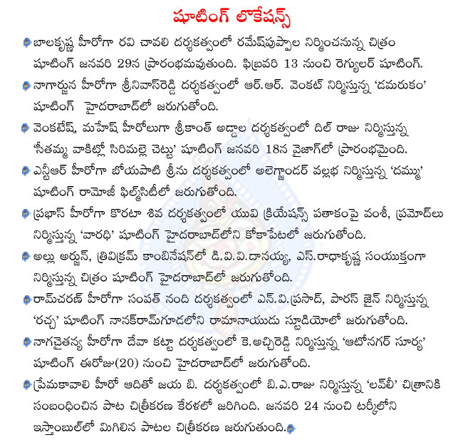 nagarjuna in damarukam shooting,venkatesh and mahesh combo movie started at vizag,prabhas in varadhi shooting,naga chaitanya in rachca shooting,balakrishna in ravi chavali film,ramcharan in rachcha shooting  nagarjuna in damarukam shooting, venkatesh and mahesh combo movie started at vizag, prabhas in varadhi shooting, naga chaitanya in rachca shooting, balakrishna in ravi chavali film, ramcharan in rachcha shooting